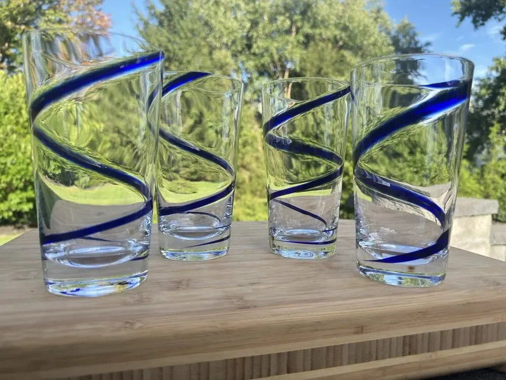 Pier 1 Swirline Cobalt Blue Swirl Glass Highball Tumblers 6-3/8